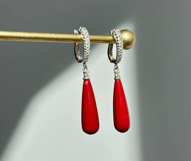 Сережки корал, крапля — срібло 925