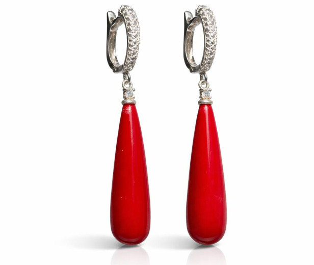 Сережки корал, крапля — срібло 925
