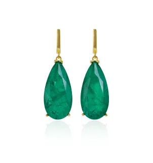 Серебряные серьги с большим изумрудом lab, капля — позолота