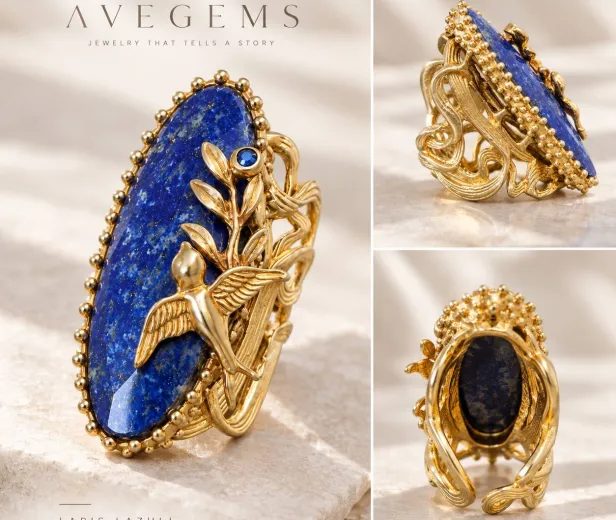 Каблучка Royal Blue з лазуритом та сапфіром — срібло 925, позолота