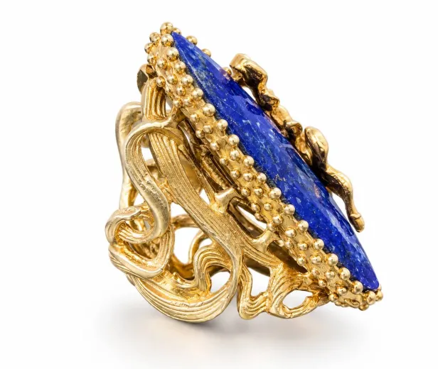 Каблучка Royal Blue з лазуритом та сапфіром — срібло 925, позолота