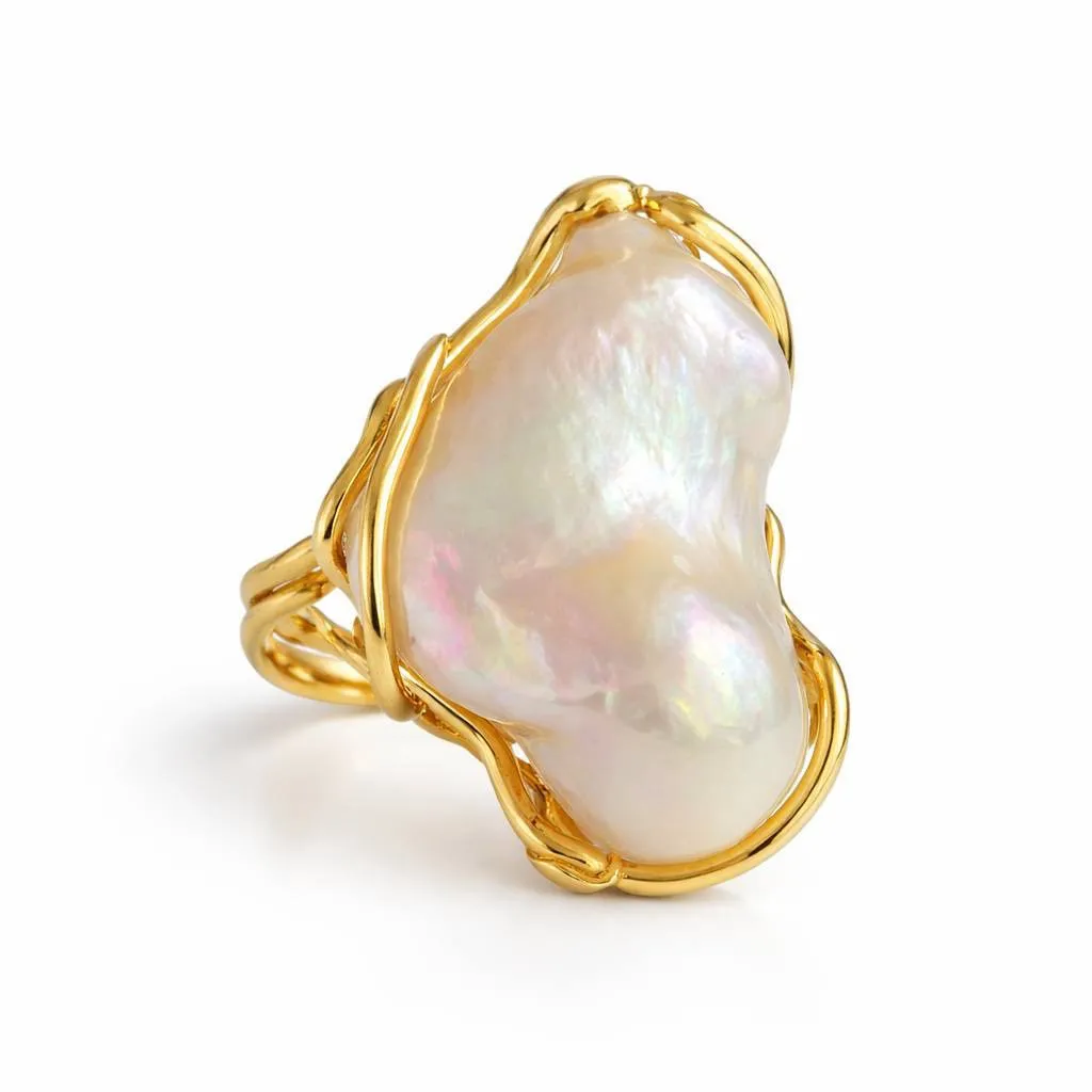 Каблучка з великою бароковою перлиною у золоті AVE GEMS